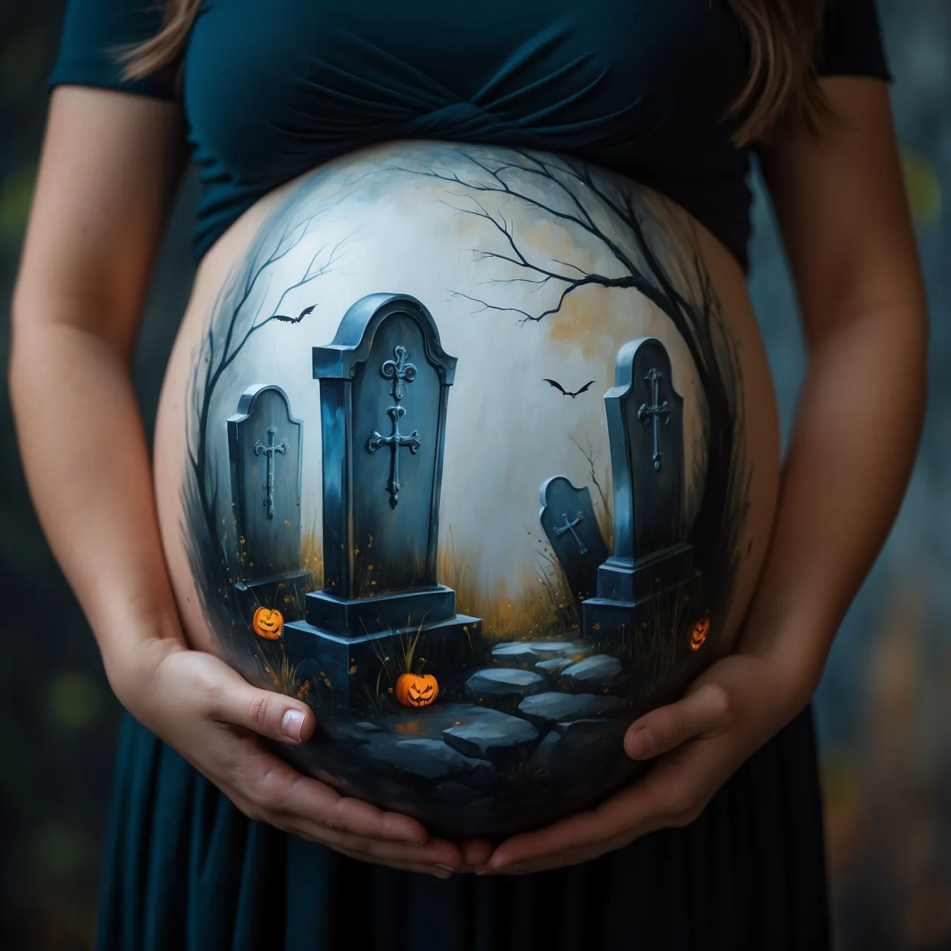 dibujo de embarazada en la barriga halloween cementerio